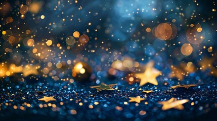 Poster - A captivating display of shimmering gold stars and particles set against a deep navy blue backdrop with a magical bokeh effect