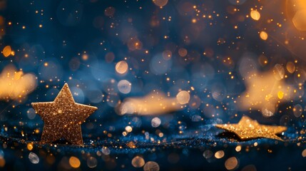 Poster - A stunning closeup reveals shimmering gold stars and particles set against a deep navy blue backdrop, creating a captivating bokeh effect reminiscent of a night sky