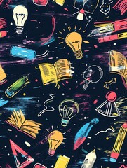 Fototapete - A chalkboard showcases vibrant brush strokes and detailed drawings of educational tools, enhancing the classroom's creative atmosphere. Generative AI