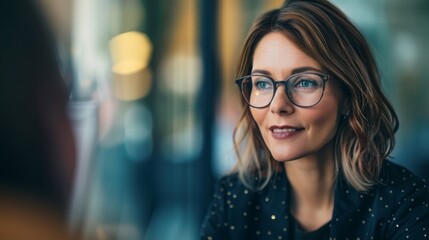 Wall Mural - A businesswoman wearing glasses engages in a focused conversation in a contemporary office setting, showcasing professionalism and communication skills