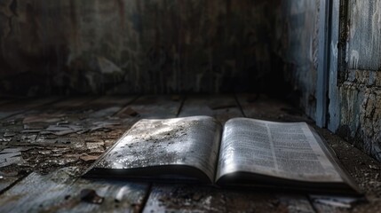 Poster - An open book sits on top of a wooden floor, waiting to be read