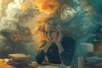 Aufkleber - A person sits at a desk surrounded by books, perfect for academic or educational concepts