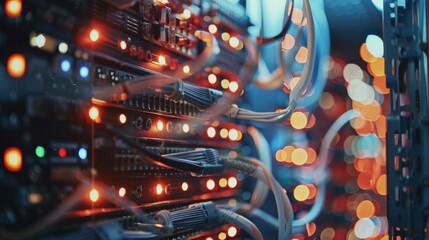 Poster - Detailed view of complex computer hardware and illuminated network cables in a high-tech server room showcasing intricate technical design