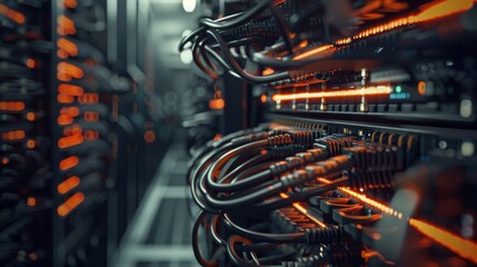 Poster - Closeup view of advanced computer hardware and network cables in a high-tech server room, highlighting intricate details and the interplay of light and technology