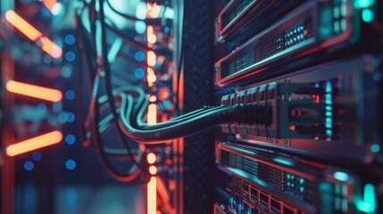 Poster - Intricate details of advanced computer hardware and network cables are highlighted in a high-tech server room, showcasing the complexity of modern technology