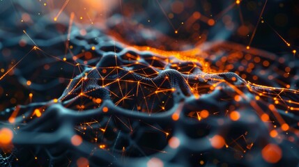 Fototapete - Closeup view of complex biotech cell structures featuring interconnected lines and illuminated nodes, showcasing advanced cellular design and intricate details