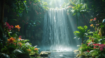 A beautiful waterfall cascades into a tranquil pool, surrounded by lush tropical plants and vibrant flowers, in a serene rainforest setting. Concept of natural beauty and tranquility