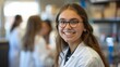 © Elmira - A high school science teacher in a lab setting smiles warmly at the camera, surrounded by students actively participating in hands-on experiments