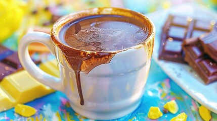   A steaming mug of hot chocolate rests atop a table, accompanied by a plate overflowing with assorted candies