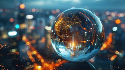 Poster - A close-up view of a glass ball with a city skyline in the background