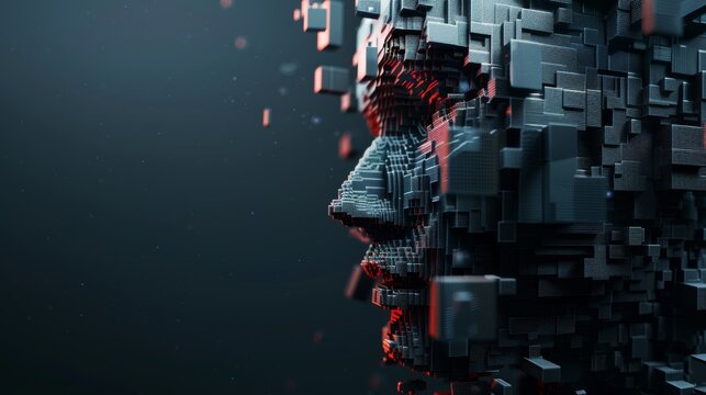 A detailed closeup features a human head formed from geometric blocks, illuminated in a dark environment, showcasing advanced digital artistry and innovative design