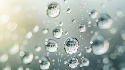 Wall Mural - Delicate water droplets adorn a clear glass surface, reflecting soft light and creating a tranquil, abstract atmosphere in the background