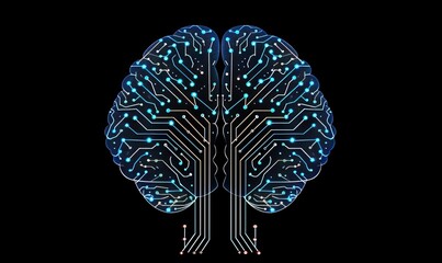 Poster - A digital brain made of blue circuit lines and binary code, with two connected branches representing the left side depicting an AI model or neural network concept Generative AI