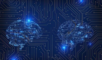 Poster - A blue circuit board-like background with two brain-shaped structures made of binary code The overall design conveys artificial intelligence technology or machine learning concepts Generative AI