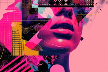 Poster - A digital collage of a woman's face with a pink background, ideal for use in designs and illustrations