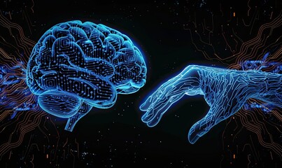 Poster - A blue digital brain made of binary code, with glowing circuit patterns and data streams flowing around it on the left side, set against an abstract black background Generative AI