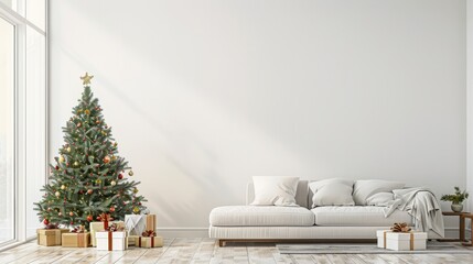 Wall Mural - A spacious living room features a cozy sofa, a beautifully decorated Christmas tree, and festive gifts, showcasing holiday spirit in a minimalist design