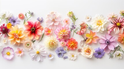 Poster - Delicate pastel flowers are artistically arranged in a vibrant flatlay, showcasing an array of colors and shapes in a visually appealing display