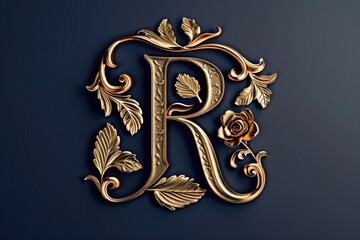 Poster - A gold letter R with a rose on a blue background, simple yet elegant design