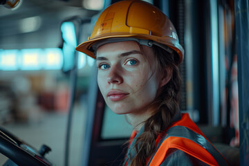 Caucasian female employee driving a forklift in a factory.