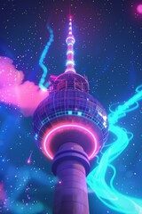 Aufkleber - Berlin neon-lit tower at night, illuminating the city skyline with vibrant colors and modern architectural design, Generative Ai