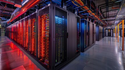 Poster - A wide-angle view showcases a high-tech server room filled with organized rows of servers, illuminated by vibrant, glowing indicators