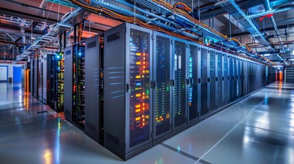 Poster - A wide view of a high-tech server room featuring rows of servers with glowing indicators, emphasizing organization and advanced data management technology