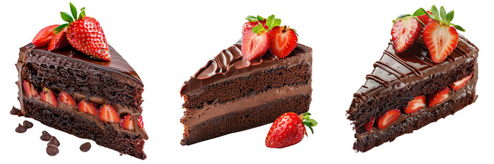 Set of A slice of moist chocolate cake adorned with fresh strawberries, isolated on a transparent background