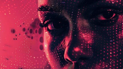Poster - A close-up shot of a person's face with a bright red background, suitable for uses such as art, design, or illustration