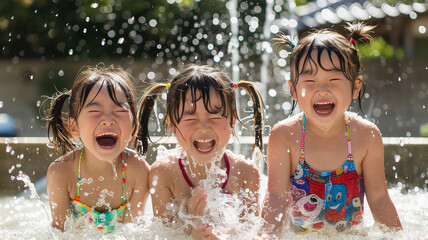 Canvas Print - 夏の噴水で水遊びを楽しむ日本の子どもたち