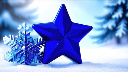 Winter decoration with a blue star and snowflakes on a snowy landscape background