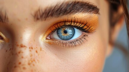 Poster - Close up woman eye with long eyelashes on white background.