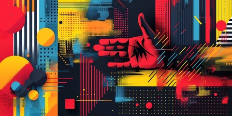 Poster - Hand with colorful digital elements, symbolizing technological innovation and futuristic design in a vibrant abstract composition, Generative Ai
