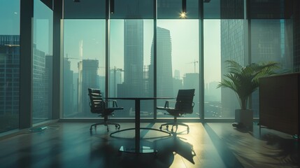 Poster - A cozy room with a table and chairs near a large window