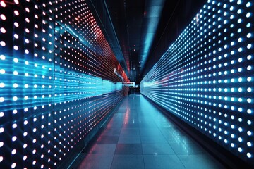 Poster - A brightly lit hallway with blue and red lights, perfect for commercial or architectural uses
