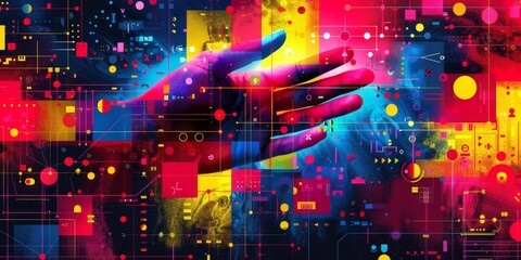 Poster - Hand with colorful digital elements, symbolizing technological innovation and futuristic design in a vibrant abstract composition, Generative Ai