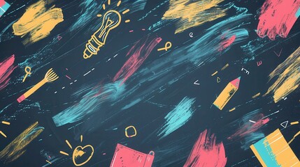 Leinwandbilder - A chalkboard adorned with vibrant brush strokes and detailed sketches of educational tools like globes, rulers, pencils, and lightbulbs. Generative AI