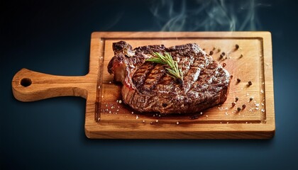 Sticker - grilled beef steak ribeye on wooden cutting board