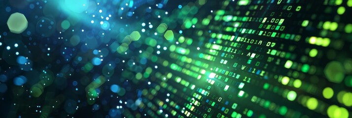 Poster - The display highlights modern tech and cybersecurity themes with abstract digital data streams in green and blue hues