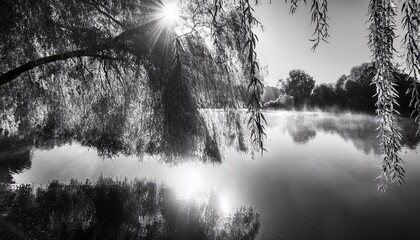 Poster - sunbeams through the hanging foliage of a weeping willow along the water executed in black and white