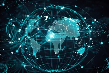 Poster - Digital world map with interconnected data points representing global network and advanced technology communication, Generative Ai