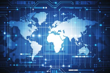 Poster - Digital world map in blue representing global connectivity and advanced technology in a futuristic design, Generative Ai