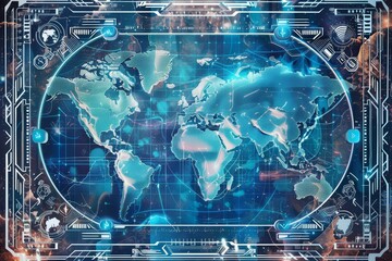 Poster - Futuristic HUD with a digital world map, showcasing global connectivity and advanced technological interfaces, Generative Ai