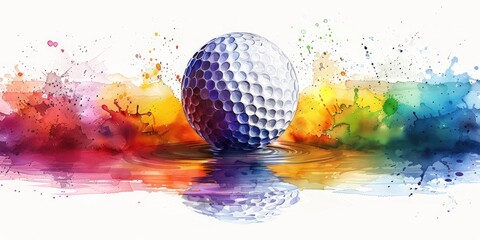 Colorful splash of paint with a golf ball in the center on a white background.