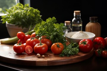 Wall Mural - tomatoes and greens and bottles with oil on a table, beautiful still life