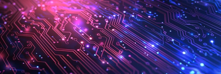 Poster - Modern circuit board lit by neon lights on blue background, displaying futuristic technology