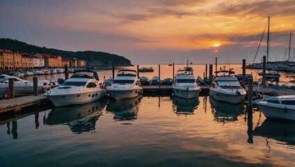 Wall Mural - Boats docked at pier during sunset, European harbor resort