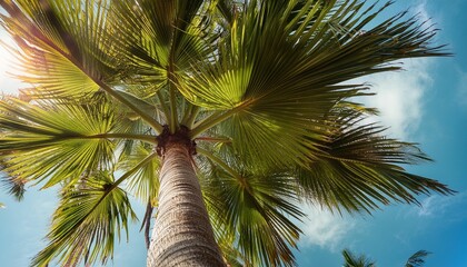 Sticker - tranquil oasis the bottom view of palm trees nature s canopy exploring palm trees from below coastal majesty the beauty of palm trees from underneath beneath the palms a serene perspective