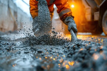 Concrete cement pouring from a concrete mixer on a construction site with a worker in the background