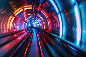 Poster - A train travels through a tunnel lit by vibrant colors, ideal for use in travel or transportation themes